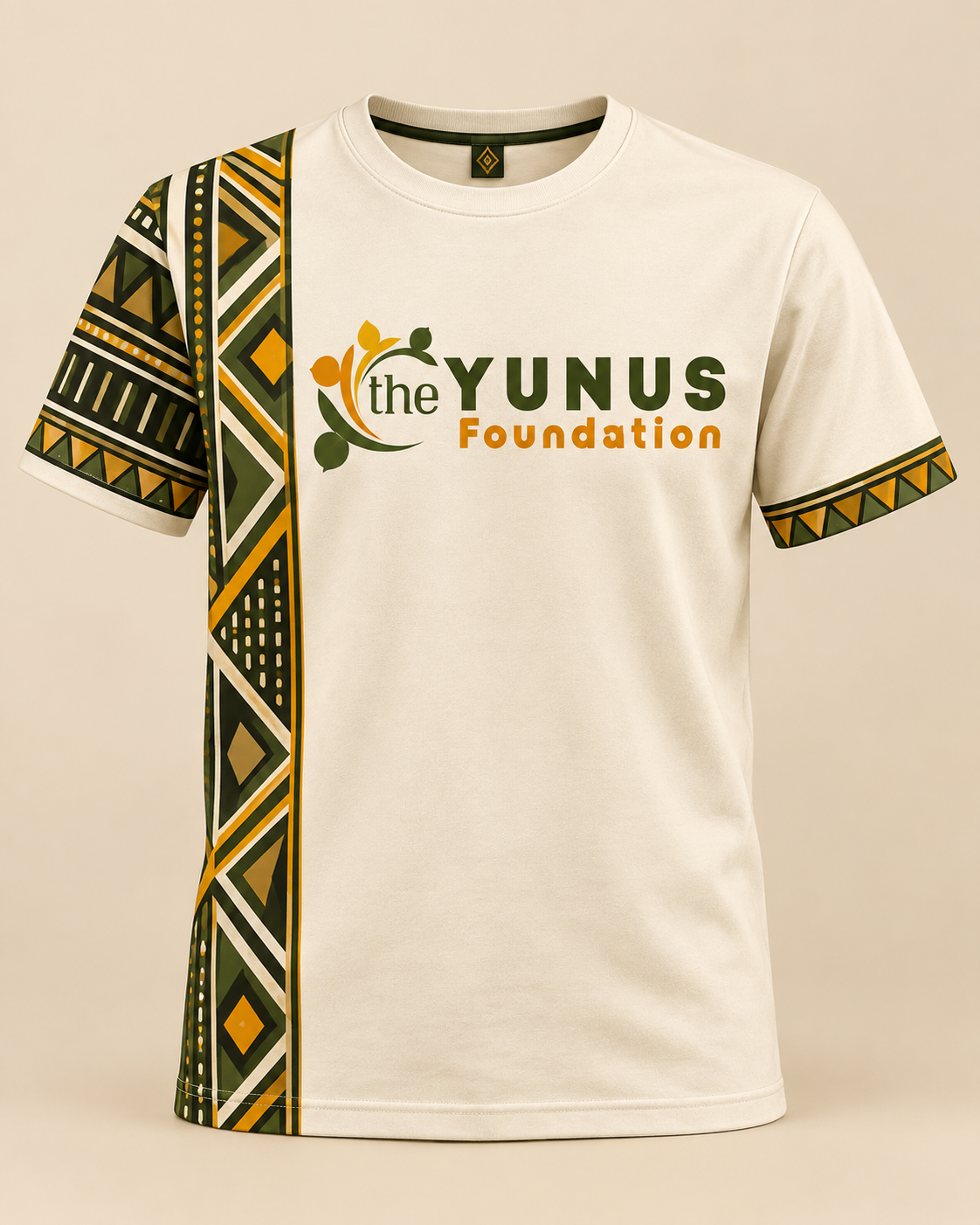 Cream African-inspired Wear Hope T-shirt featuring the Yunus Foundation logo
