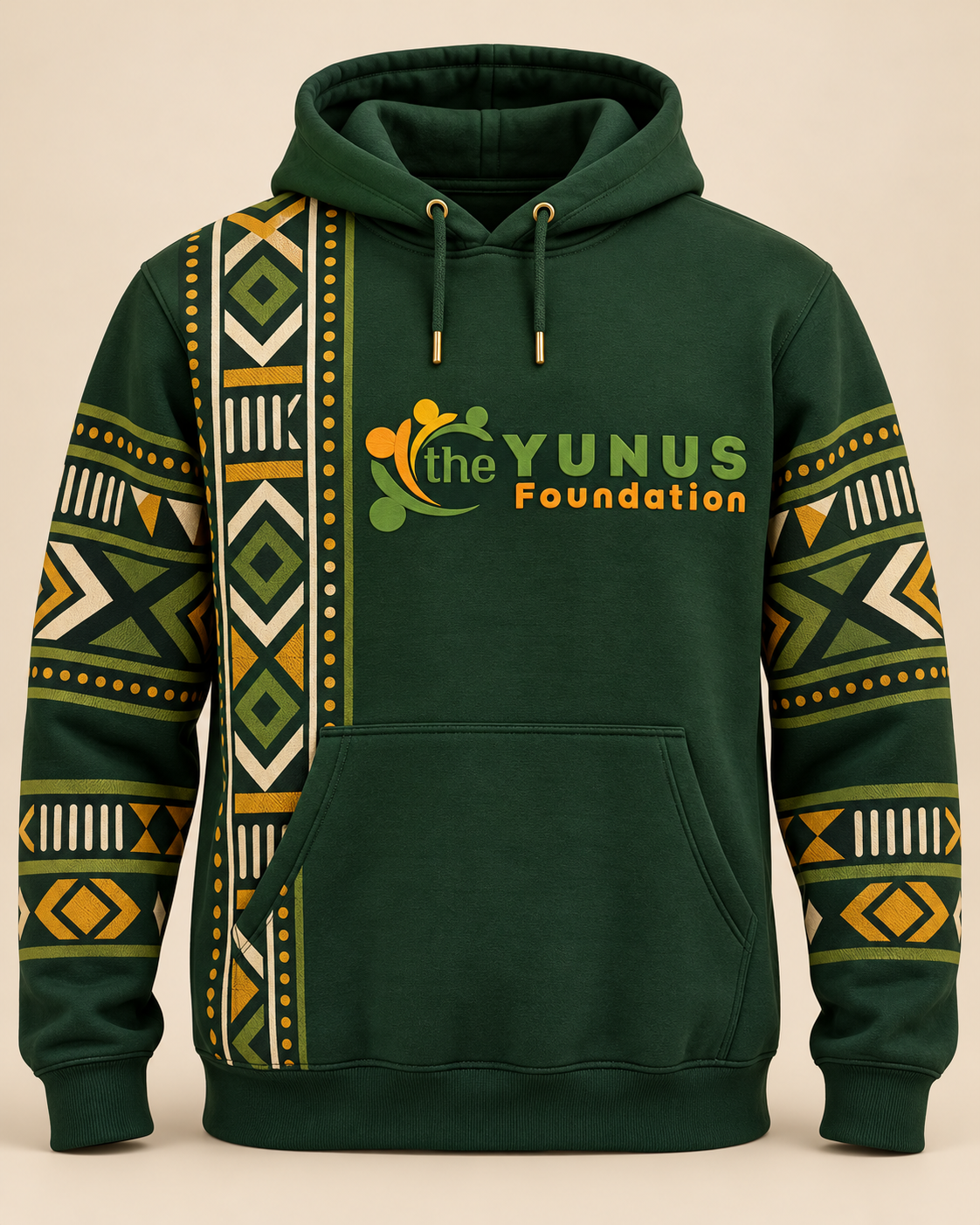 Forest-green Unity Hoodie with African-inspired patterns and the Yunus Foundation logo